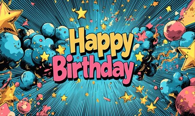 Colorful birthday celebration background with stars and comic style graphics