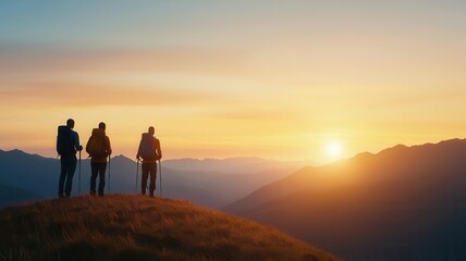 Group of hikers standing on a mountain field at sunset, overlooking a valley, adventure, sunset, nature, exploration