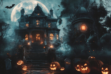 Title for the image:
Haunted House in the Woods Halloween Scene