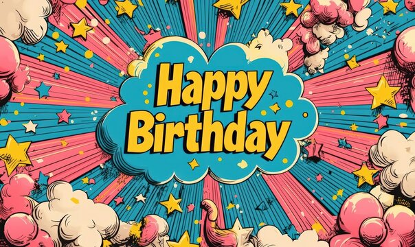 Vibrant Comic-Style Happy Birthday Card with Starburst Design