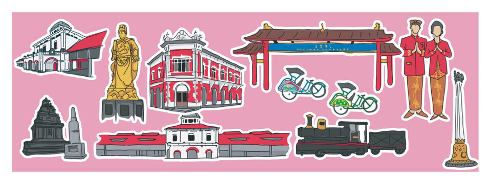 vector set of landmark cities, monuments, and transportation