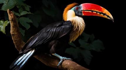 Obraz premium A Rufous Hornbill, its striking red and black feathers illuminated by sunlight, perched on a tree branch with a lush green backdrop,