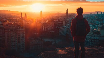 Fototapeta premium Adventurous Digital Nomad Exploring Vibrant Cityscape at Dramatic Sunrise