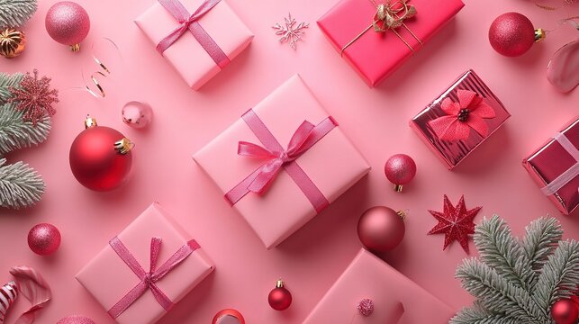 stylish christmas decorations,gift boxes on pink background flat lay top view