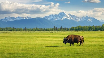 Fototapeta premium A buffalo grazing in a green field, with mountains in the background.