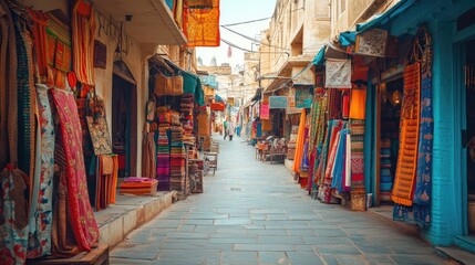Fototapeta premium Empty streets of an ancient Indian market with colorful textiles, spices, and traditional crafts, under a bright sky