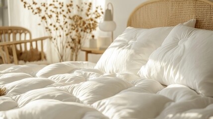 Fluffy white comforter and dried flowers in a cozy bedroom, setting a serene and inviting mood