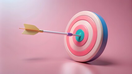 Arrow hit the center of target on pink pastel background, representing precision, success, and focus in a stylish, minimalistic design.