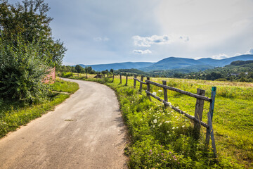 Explore a scenic country pathway surrounded by lush greenery and a beautiful landscape