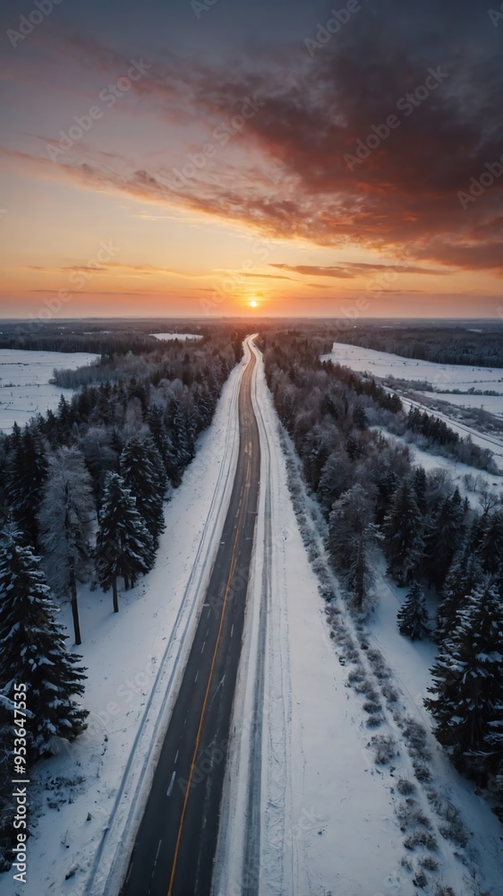 Wall mural sunset in winter road aerial view background