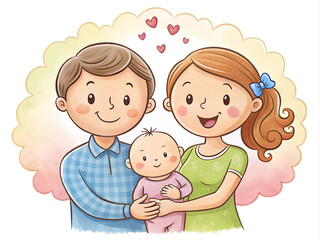 Young happy family mom and dad holding their newborn baby in hand drawn style on pink background with hearts