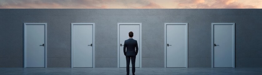 Fototapeta premium Manager in front of a wall of doors, each labeled with varying levels of risk, decision, choice, risk, business