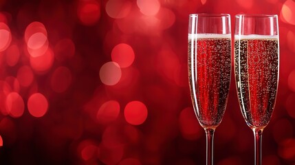 glasses with champagne on a red background. selective focus 