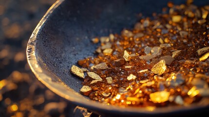 Detailed macro shot of gold nuggets and ore fragments in a mining pan with a focus on texture and color revealing the essence of gold mining