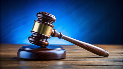 A close-up of a wooden gavel resting on a blue table, symbolizing justice, authority, and legal decisions, with a dark blue background adding depth and seriousness to the image.