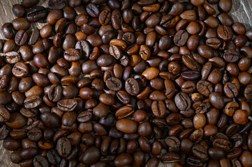 Coffee beans background, roasted coffee beans , top view
