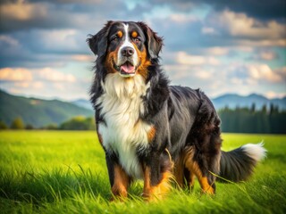 A majestic Bernese Mountain dog with a fluffy tri-colored coat stands proudly in a lush green meadow, gazing serenely into the distance.