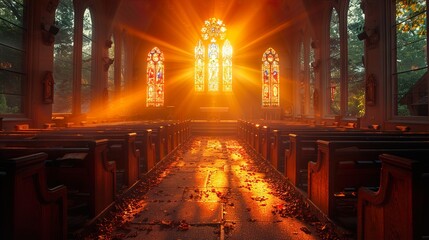 Obraz premium Sunbeams stream through a stained glass window in a church, illuminating the empty pews and creating a mystical atmosphere.
