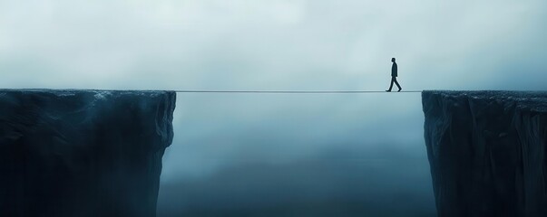 Manager walking a line between a safe path and a high-risk cliff edge, balance, risk, decision, manager