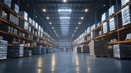 Fototapeta premium Interior of a logistics warehouse with extensive stored inventory, showing neatly arranged pallets and products ready for distribution.