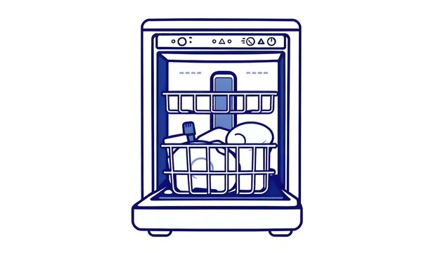 blue dishwasher with dishes inside, open clip art preview