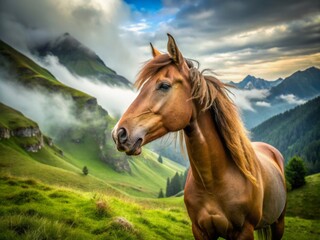 Obraz premium A majestic brown horse lifts its head, emphasizing the horsebit in its mouth, as it pauses in a