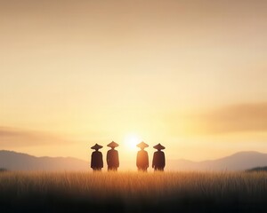 Fototapeta premium People in traditional clothing standing in a rural field as the sun sets, evoking cultural heritage, tradition, sunset, culture, rural