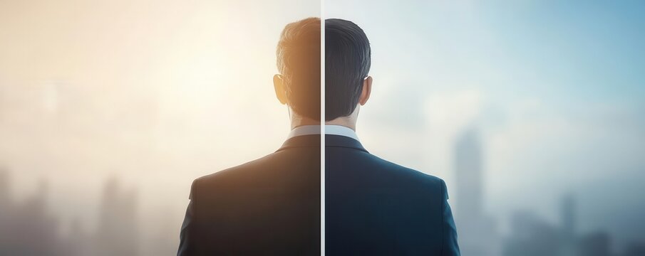 Manager with a split-screen view one side a calm office, the other a high-risk environment, contrast, decision, risk, business
