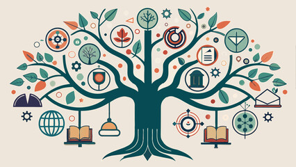 Educational Tree Infographic with Branches and Icons in Flat Design on Beige Background