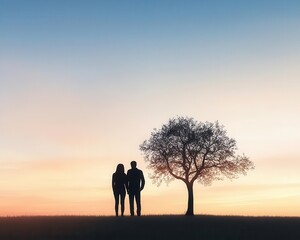 Fototapeta premium Silhouetted couple standing under an old oak tree in a field at sunset, symbolizing timeless love, romance, sunset, nature, legacy