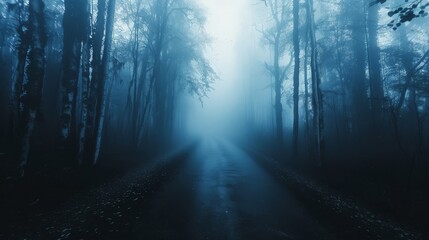 Naklejka premium A mysterious foggy road winding through an autumn forest, enveloped in cold blue tones, creating an eerie and haunting Halloween atmosphere with the pathway fading into the misty distance