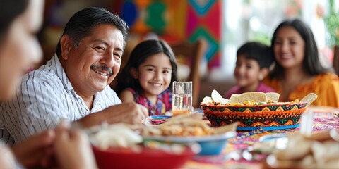 Happy Hispanic Family Enjoying Meal Together at Home