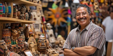 Smiling Man in Traditional Mexican Market with Colorful Handicrafts