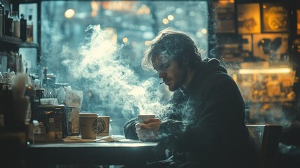 A contemplative moment with a steaming drink in a cozy caf?.