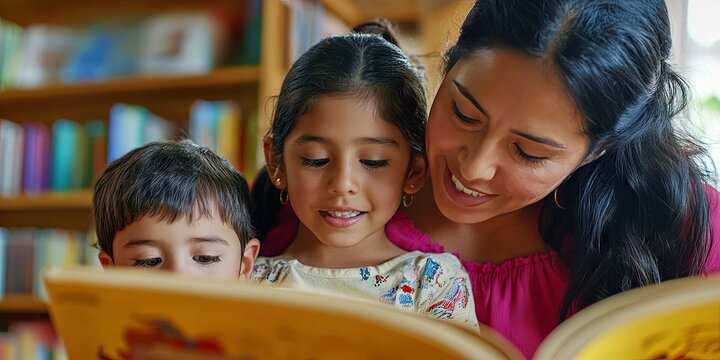 Mother Reading to Her Children in Library