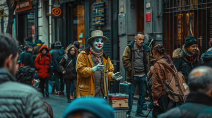 A lively crowd gathers around a street performer in yellow, showcasing his skills in a busy city street