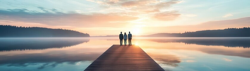 Fototapeta premium Silhouetted people standing on a dock by a lake at sunset, the sky reflecting on the water, tranquility, sunset, nature, reflection
