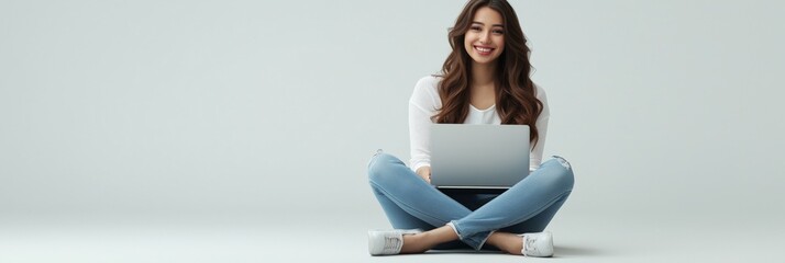 A young woman is engaging with her laptop for business purposes in a sleek and modern environment that promotes creativity and productivity, reflecting her ambition and entrepreneurial spirit