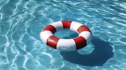 Naklejka premium Life buoy with white and red colors, resting in a serene blue swimming pool, showcasing essential safety equipment in a leisure setting. -