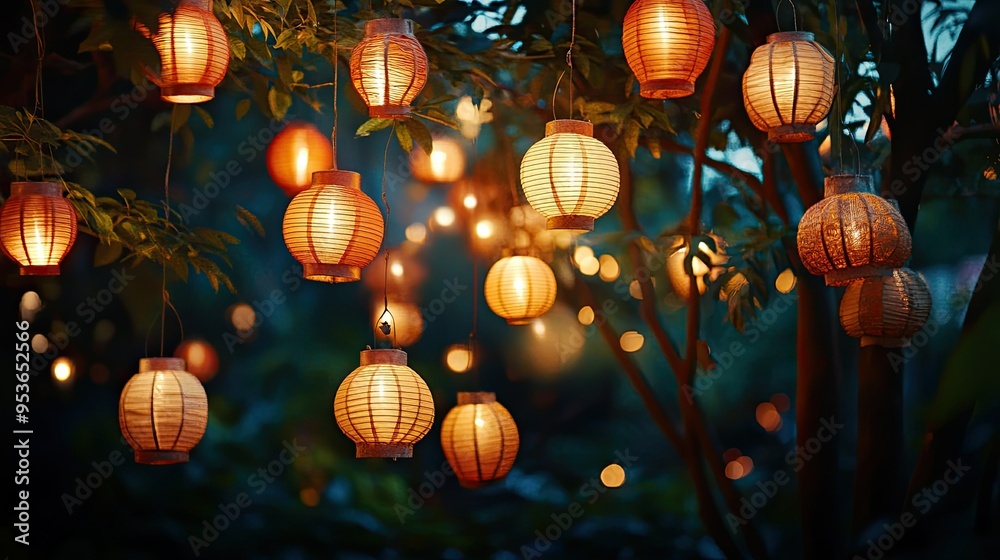Fototapete a collection of thai paper lanterns hanging from trees, creating a festive atmosphere with a clear s
