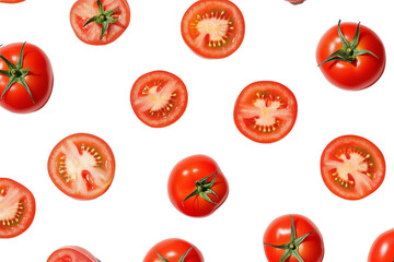 Pattern of whole and sliced tomatoes in isolated, transparent background