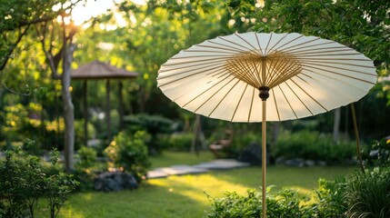 A Thai paper umbrella used as a decoration in a garden party with a blank space next to it.