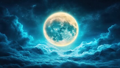 Full Moon in the Night Sky, Casting a Gentle Glow on a Starry Landscape, Serene and Beautiful Nighttime Scenery with Stars Twinkling, Nocturnal Serenity, Peaceful and Tranquil Night Sky