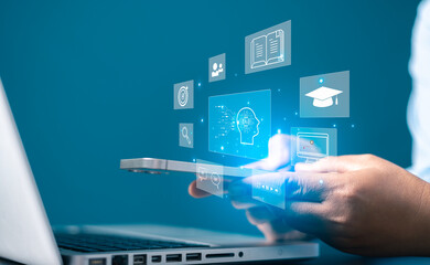 Concept of AI-driven education is transforming universities, where online learning and digital technology in cyberspace are reshaping the future of business and academic growth. ai, education.