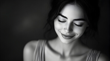 Monochrome Portrait of a Smiling Woman with Eyes Closed, Radiating Serenity and Contentment in Soft Lighting