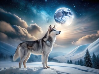 Naklejka premium A majestic Siberian Husky stands alone on a snowy landscape, its mouth open in a haunting howl, ears perked up and eyes gleaming in the winter moonlight.