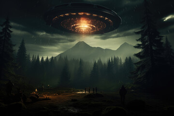 Obraz premium A UFO shines its light over a dense forest, with silhouetted figures gathering amidst the rain and towering mountains in the background