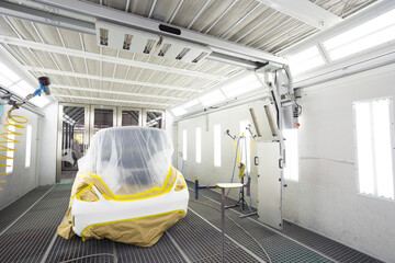 Back ground and banner Empty car paint boot repair garage. Car service and maintenance concept. Car...