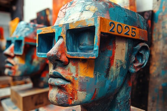 Statue of a man wearing glasses with a sign on it, new year 2025