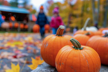 Pumpkins at a fall festival in Canada with families in the background
